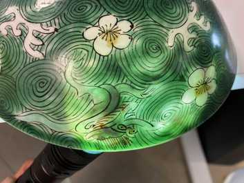 A shallow Chinese verte biscuit 'mythical beast' bowl, Jiajing mark, Kangxi